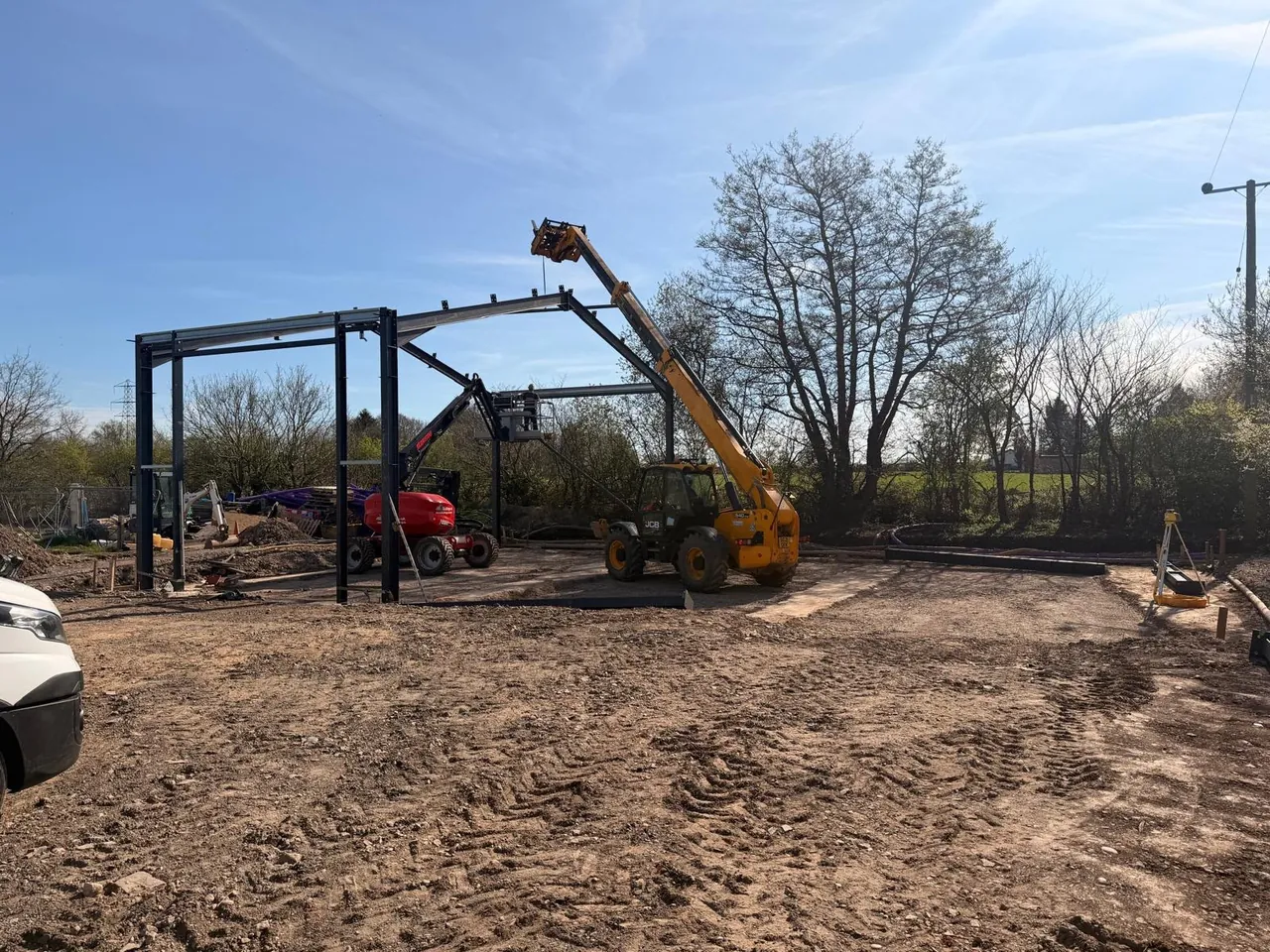 Steel-frame building being erected on site